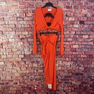 ASOS DESIGN long sleeve two pieced rope detail midi dress in burnt coral